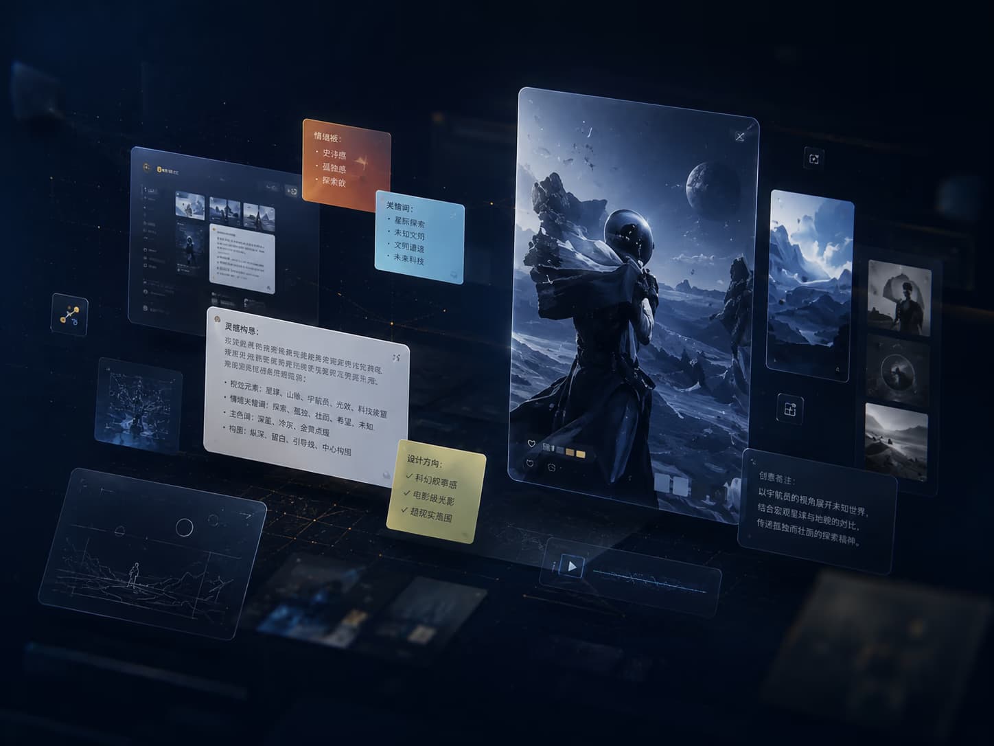 在无限画布中自由排布图片和文字节点的创作流程示意